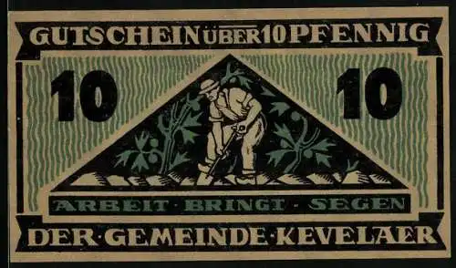 Notgeld Kevelaer 1921, 10 Pfennig, Wappen, Mit Spaten grabender Bauer und Disteln