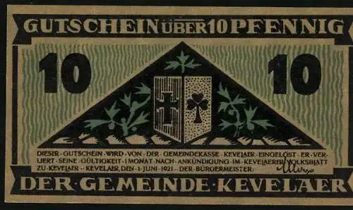 Notgeld Kevelaer 1921, 10 Pfennig, Wappen, Mit Spaten grabender Bauer und Disteln