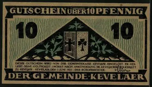 Notgeld Kevelaer 1921, 10 Pfennig, Wappen, Mit Spaten in der Erde grabender Bauer und Disteln