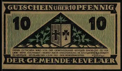 Notgeld Kevelaer 1921, 10 Pfennig, Wappen, Mit Spaten grabender Bauer, Disteln
