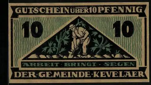 Notgeld Kevelaer 1921, 10 Pfennig, Wappen, Grabender Bauer, Disteln