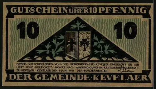 Notgeld Kevelaer 1921, 10 Pfennig, Wappen, Grabender Bauer, Disteln