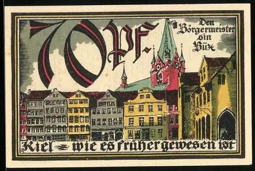Notgeld Kiel 1921, 70 Pfennig, Herbstwoche für Kunst und Wissenschaft, Wappen und Segelschiff, Den Börgermeister sin Hüx