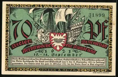 Notgeld Kiel 1921, 70 Pfennig, Herbstwoche für Kunst und Wissenschaft, Wappen und Segelschiff, Den Börgermeister sin Hüx