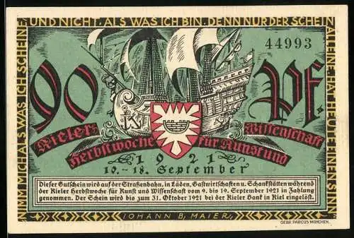 Notgeld Kiel 1921, 90 Pfennig, Herbstwoche für Kunst und Wissenschaft, Wappen und Segelschiff, Kieler Sprotten