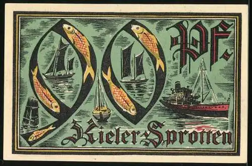 Notgeld Kiel 1921, 90 Pfennig, Herbstwoche für Kunst und Wissenschaft, Wappen und Segelschiff, Kieler Sprotten