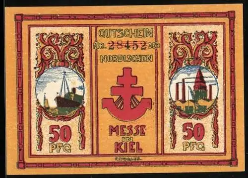 Notgeld Kiel 1921, 50 Pfennig, Nordische Messe, Schiff, Hafen, Anker, Messebesucher