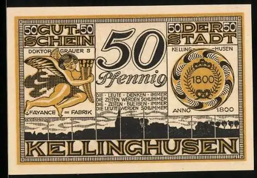 Notgeld Kellinghusen 1921, 50 Pfennig, Wappen, Ortspanorama, Signet Doktor Grauers Fayance-Fabrik