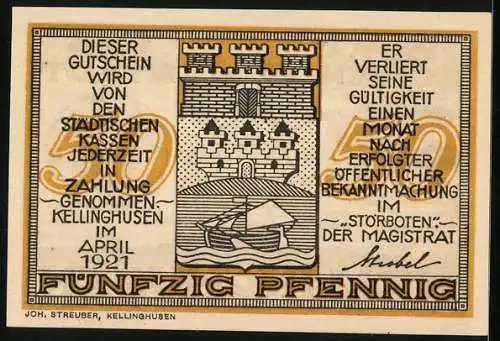 Notgeld Kellinghusen 1921, 50 Pfennig, Wappen, Ortspanorama, Signet Doktor Grauers Fayance-Fabrik