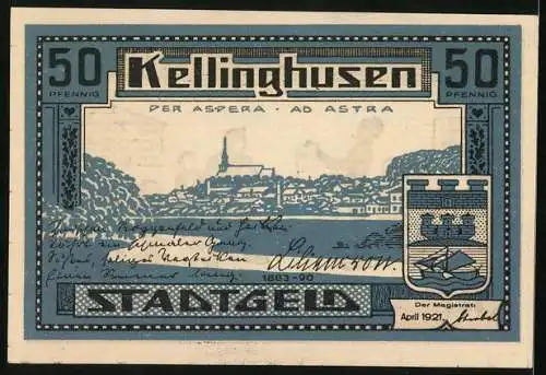 Notgeld Kellinghusen 1921, 50 Pfennig, Wappen, Ortsansicht, Lewer Dod As Slav!