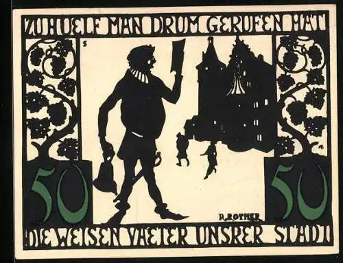 Notgeld Kitzingen a. M. 1921, 50 Pfennig, Wappen, Stadtpanorama, Ornamente, Zu Huelf man drum gerufen hat...