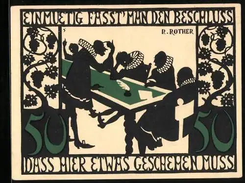 Notgeld Kitzingen a. M. 1921, 50 Pfennig, Wappen, Stadtpanorama, Ornamente, Einmuetig fasst man den Beschluss...
