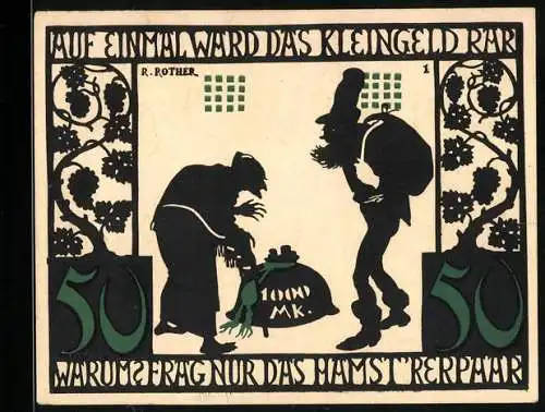 Notgeld Kitzingen a. M. 1921, 50 Pfennig, Wappen, Stadtpanorama, Ornamente, Auf einmal ward das Kleingeld rar...