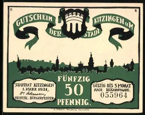 Notgeld Kitzingen a. M. 1921, 50 Pfennig, Wappen, Stadtpanorama, Ornamente, In des Stadtsaeckels tiefsten Gruenden...