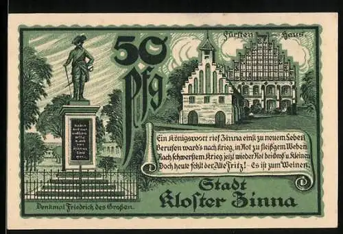 Notgeld Kloster Zinna 1920, 50 Pfennig, Wappen, Denkmal Friedrichs des Grossen, Fürstenhaus