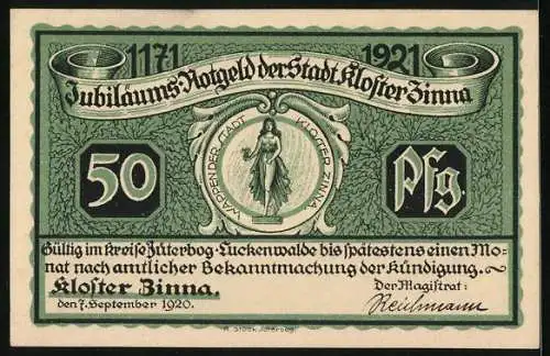 Notgeld Kloster Zinna 1920, 50 Pfennig, Wappen, Denkmal Friedrichs des Grossen, Fürstenhaus