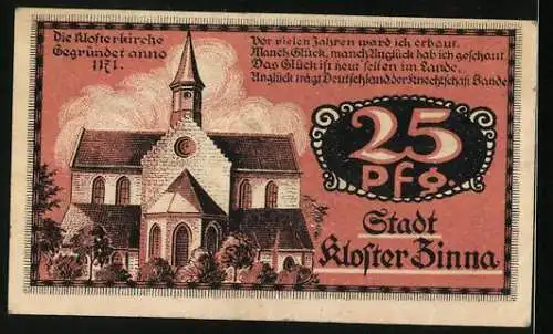 Notgeld Kloster Zinna 1921, 25 Pfennig, Wappen, Klosterkirche