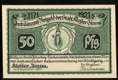 Notgeld Kloster Zinna 1920, 50 Pfennig, Wappen, Denkmal Friedrichs des Grossen, Fürstenhaus und Kirche