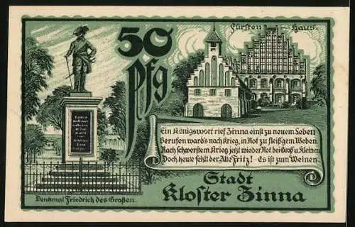 Notgeld Kloster Zinna 1920, 50 Pfennig, Wappen, Denkmal Friedrichs des Grossen, Fürstenhaus und Kirche