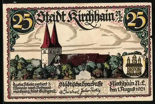 Notgeld Kirchhain /N. L. 1921, 25 Pfennig, Wappen, Kirchenpartie, Bauarbeiten im Ort