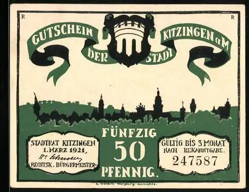 Notgeld Kitzingen a. M. 1921, 50 Pfennig, Stadtpanorama, Wappen, Als dieser Ruf ergangen war...