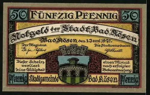 Notgeld Bad Kösen 1921, 50 Pfennig, Wappen, Ortsansicht