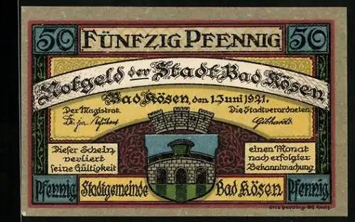 Notgeld Bad Kösen 1921, 50 Pfennig, Wappen, Teilansicht