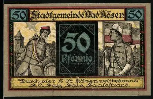Notgeld Bad Kösen 1921, 50 Pfennig, Wappen, Figuren mit deutscher Fahne
