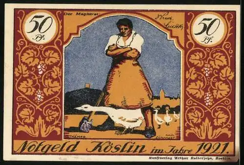 Notgeld Köslin 1921, 50 Pfennig, Bauer mit Gänsen