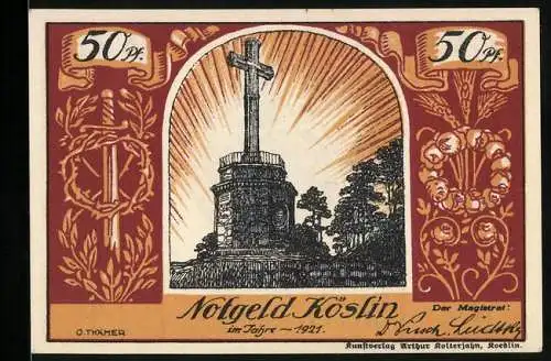 Notgeld Köslin 1921, 50 Pfennig, Denkmal mit Kreuz