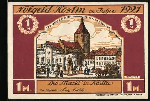 Notgeld Köslin 1921, 1 Mark, Ortspartie, Bauer und Fischer