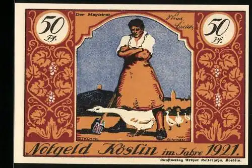 Notgeld Köslin 1921, 50 Pfennig, Bauer mit Gänseschar
