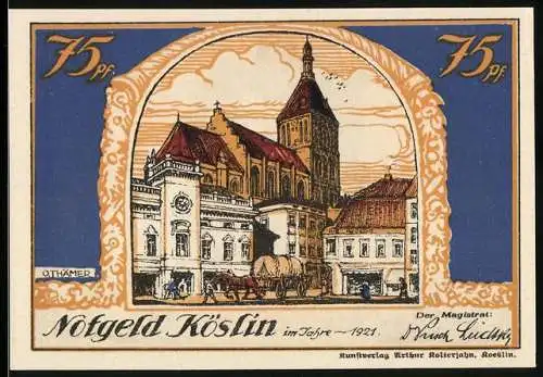 Notgeld Köslin 1921, 75 Pfennig, Ortspartie an der Kirche