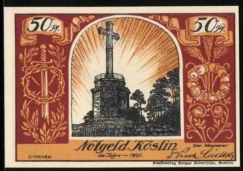 Notgeld Köslin 1921, 50 Pfennig, Denkmal mit Kreuz, Wappen