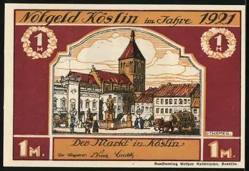 Notgeld Köslin 1921, 1 Mark, Ortspartie, Fischer und Bauer