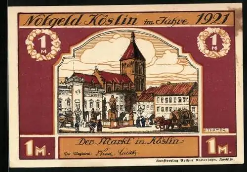 Notgeld Köslin 1921, 1 Mark, Ortspartie an der Kirche