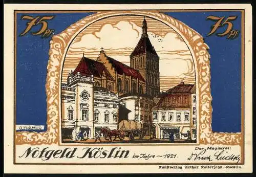 Notgeld Köslin 1921, 75 Pfennig, Pferdekarren auf dem Marktplatz