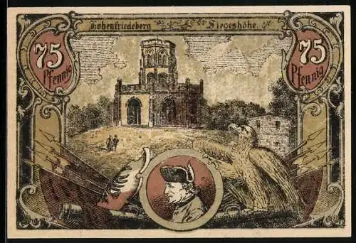 Notgeld Hohenfriedeberg, 75 Pfennig, Siegeshöhe, Waffen und Adler
