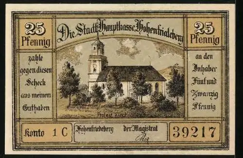 Notgeld Hohenfriedeberg, 25 Pfennig, Ortsansicht und Protest. Kirche