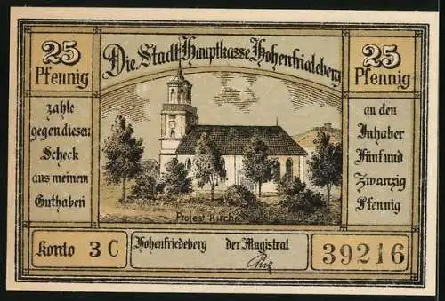 Notgeld Hohenfriedeberg, 25 Pfennig, Rathaus mit Ring und Protest. Kirche