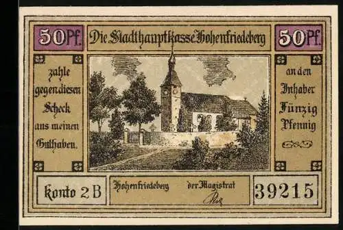 Notgeld Hohenfriedeberg, 50 Pfennig, Schlacht 1745 und Kirche