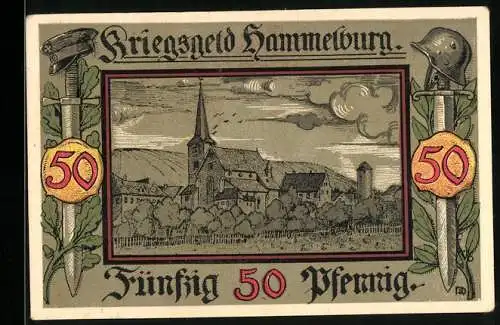 Notgeld Hammelburg 1918, 50 Pfennig, Wappen und Ortspartie mit Kirche