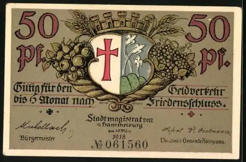 Notgeld Hammelburg 1918, 50 Pfennig, Wappen und Ortspartie mit Kirche