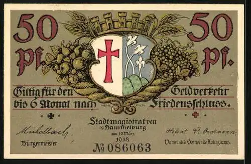 Notgeld Hammelburg 1918, 50 Pfennig, Wappen und Ortspartie mit Kirche