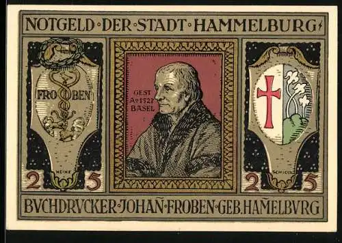 Notgeld Hammelburg 1918, 25 Pfennig, Buchdrucker Johan Froben und Stadtansicht