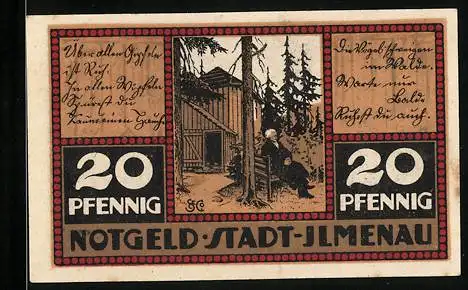 Notgeld Ilmenau 1921, 20 Pfennig, Wappen und Waldhütte