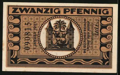 Notgeld Ilmenau 1921, 20 Pfennig, Wappen und Waldhütte