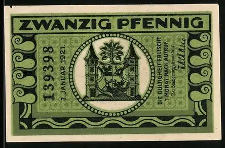 Notgeld Ilmenau 1921, 20 Pfennig, Wappen und Hütte im Wald