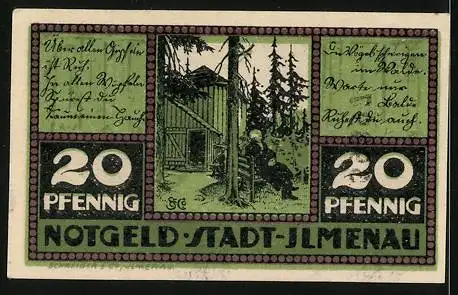 Notgeld Ilmenau 1921, 20 Pfennig, Wappen und Hütte im Wald