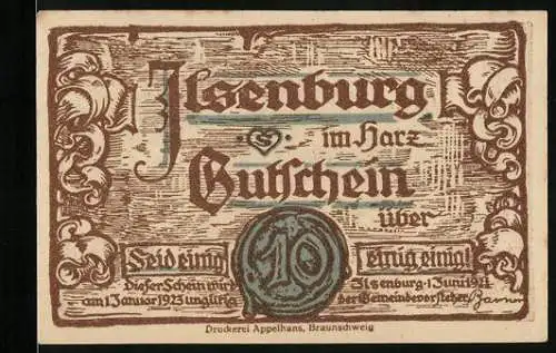 Notgeld Ilsenburg im Harz 1921, 10 Pfennig, Partie an altem Turm